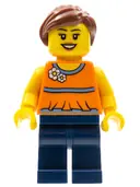 Minifigurka: TWN185:  Orange Halter Top with Medium Blue Trim and Flowers Pattern, Dark Blue Legs, Reddish Brown Ponytail and Swept Sideways Fringe