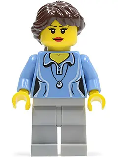TWN188:  Medium Blue Female Shirt with Two Buttons and Shell Pendant, Light Bluish Gray Legs, Dark Brown Ponytail Long French Braided