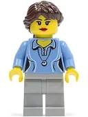 Minifigurka: TWN188:  Medium Blue Female Shirt with Two Buttons and Shell Pendant, Light Bluish Gray Legs, Dark Brown Ponytail Long French Braided