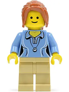 TWN189:  Medium Blue Female Shirt with Two Buttons and Shell Pendant, Tan Legs, Dark Orange Hair Ponytail Long with Side Bangs