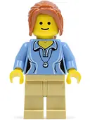 Minifigurka: TWN189:  Medium Blue Female Shirt with Two Buttons and Shell Pendant, Tan Legs, Dark Orange Hair Ponytail Long with Side Bangs