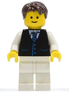 TWN190:  Black Vest with Blue Striped Tie, White Legs, Dark Brown Short Tousled Hair