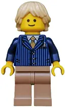 Minifigurka: TWN191:  Businessman Pinstripe Jacket and Gold Tie, Dark Tan Legs, Tan Tousled and Layered Hair