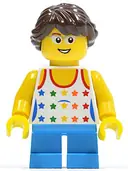 Minifigurka: TWN204:  Shirt with Female Rainbow Stars Pattern, Dark Azure Short Legs, Glasses, Dark Brown Hair