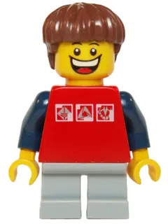 TWN205:  Red Shirt with 3 Silver Logos, Dark Blue Arms, Light Bluish Gray Short Legs, Reddish Brown Hair