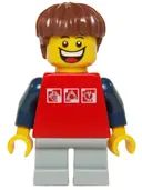 Minifigurka: TWN205:  Red Shirt with 3 Silver Logos, Dark Blue Arms, Light Bluish Gray Short Legs, Reddish Brown Hair