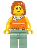 Minifigurka: TWN206:  Orange Halter Top with Medium Blue Trim and Flowers Pattern, Sand Green Legs, Dark Orange Hair
