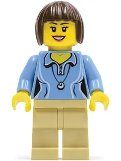 TWN207:  Medium Blue Female Shirt with Two Buttons and Shell Pendant, Tan Legs, Dark Brown Bob Cut Hair