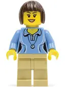Minifigurka: TWN207:  Medium Blue Female Shirt with Two Buttons and Shell Pendant, Tan Legs, Dark Brown Bob Cut Hair