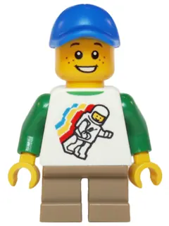 TWN208:  Classic Space Minifigure Floating Pattern, Short Dark Tan Legs, Blue Short Bill Cap