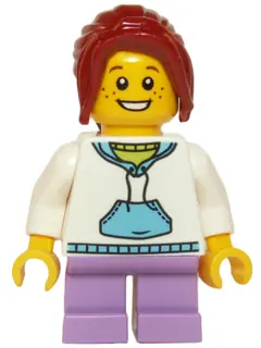 TWN209:  Child - Girl, White Hoodie with Medium Blue Pocket, Medium Lavender Short Legs, Dark Red Ponytail, Freckles