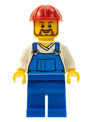 TWN210:  Overalls Blue over V-Neck Shirt, Blue Legs, Red Construction Helmet, Beard