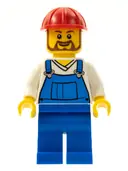 Minifigurka: TWN210:  Overalls Blue over V-Neck Shirt, Blue Legs, Red Construction Helmet, Beard