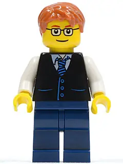 TWN211:  Black Vest with Blue Striped Tie, Dark Blue Legs, White Arms, Dark Orange Short Tousled Hair, Rectangular Glasses