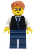 Minifigurka: TWN211:  Black Vest with Blue Striped Tie, Dark Blue Legs, White Arms, Dark Orange Short Tousled Hair, Rectangular Glasses