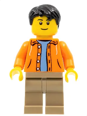 TWN212:  Orange Jacket with Hood over Light Blue Sweater, Dark Tan Legs, Black Short Tousled Hair