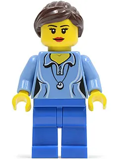 TWN213:  Medium Blue Female Shirt with Two Buttons and Shell Pendant, Blue Legs, Dark Brown Ponytail and Swept Sideways Fringe