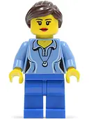 Minifigurka: TWN213:  Medium Blue Female Shirt with Two Buttons and Shell Pendant, Blue Legs, Dark Brown Ponytail and Swept Sideways Fringe