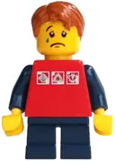 Minifigurka: TWN214:  Red Shirt with 3 Silver Logos, Dark Blue Arms, Dark Blue Short Legs, Dark Orange Hair