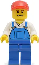 Minifigurka: TWN216:  Overalls Blue over V-Neck Shirt, Blue Legs, Red Short Bill Cap, Grin with Teeth