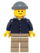 Minifigurka: TWN219:  Plaid Button Shirt, Dark Tan Legs, Dark Bluish Gray Knit Cap, Standard Grin (Pool Player)