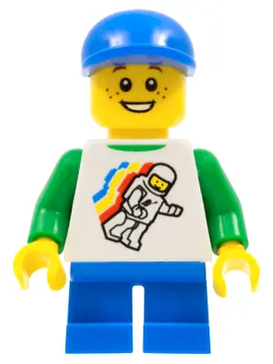 TWN224:  Classic Space Minifigure Floating Pattern, Blue Short Legs, Blue Short Bill Cap