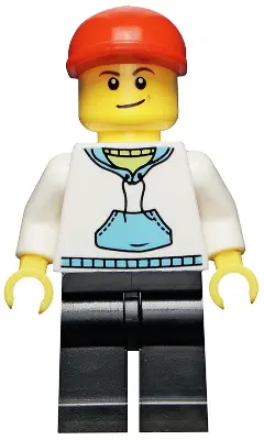 TWN225:  White Hoodie with Medium Blue Pocket, Black Legs, Red Short Bill Cap, Crooked Smile