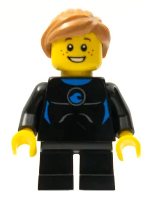 TWN226:  Wetsuit with Blue Sign, Black Short Legs, Medium Nougat Ponytail and Swept Sideways Fringe
