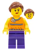 Minifigurka: TWN230:  Orange Halter Top with Medium Blue Trim and Flowers Pattern, Dark Purple Legs, Reddish Brown Ponytail and Swept Sideways Fringe