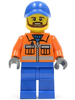 TWN231:  Construction Worker - Orange Zipper, Safety Stripes, Orange Arms, Blue Legs, Blue Cap with Hole