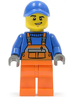 TWN232:  Overalls with Safety Stripe Orange, Orange Legs, Blue Cap with Hole, Lopsided Grin