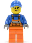 Minifigurka: TWN232:  Overalls with Safety Stripe Orange, Orange Legs, Blue Cap with Hole, Lopsided Grin