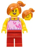 Minifigurka: TWN233:  Child - Bright Pink Top with Butterflies and Flowers, Red Legs, Off-center Ponytail