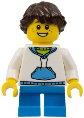 TWN247:  Child - Girl, White Hoodie with Medium Blue Pocket, Dark Azure Short Legs, Dark Brown Braided Ponytail, Freckles
