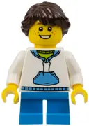 Minifigurka: TWN247:  Child - Girl, White Hoodie with Medium Blue Pocket, Dark Azure Short Legs, Dark Brown Braided Ponytail, Freckles