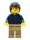 Minifigurka: TWN255:  Plaid Button Shirt, Dark Tan Legs, Black Tousled Hair, Lopsided Grin, Chin Dimple
