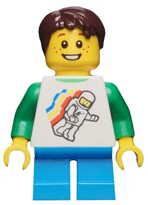 TWN264:  Classic Space Minifigure Floating Pattern, Dark Azure Short Legs, Dark Brown Short Tousled Hair