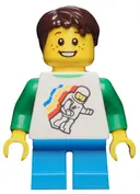Minifigurka: TWN264:  Classic Space Minifigure Floating Pattern, Dark Azure Short Legs, Dark Brown Short Tousled Hair