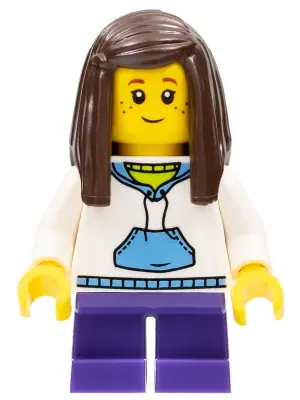 TWN266:  Child - Girl, White Hoodie with Medium Blue Pocket, Dark Purple Short Legs, Dark Brown Long Hair, Freckles