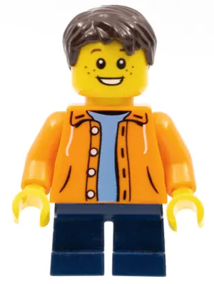 TWN267:  Orange Jacket with Hood over Light Blue Sweater, Dark Blue Short Legs, Dark Brown Short Tousled Hair