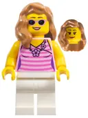 Minifigurka: TWN284:  Dark Pink Striped Top, White Legs, Medium Nougat Female Hair over Shoulder