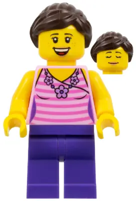 TWN288:  Female, Dark Pink Striped Top, Dark Purple Legs, Dark Brown Hair Ponytail and Swept Sideways Fringe