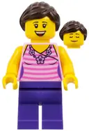 Minifigurka: TWN288:  Female, Dark Pink Striped Top, Dark Purple Legs, Dark Brown Hair Ponytail and Swept Sideways Fringe
