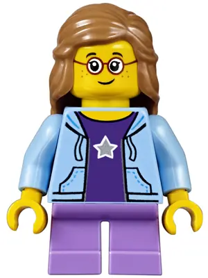 TWN289:  Child - Girl, Bright Light Blue Hoodie, Medium Lavender Short Legs, Medium Nougat Female Hair Mid-Length, Glasses, Freckles