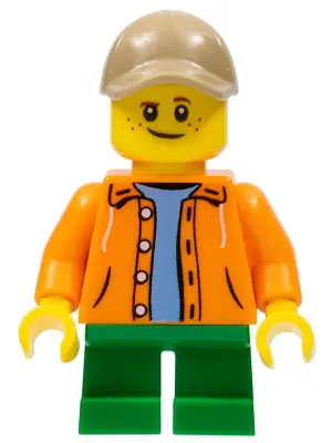 TWN291:  Boy, Orange Jacket with Hood over Light Blue Sweater, Green Short Legs, Dark Tan Cap with Hole