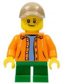 Minifigurka: TWN291:  Boy, Orange Jacket with Hood over Light Blue Sweater, Green Short Legs, Dark Tan Cap with Hole