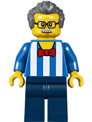 TWN292:  Carousel Ticket Vendor - Male, Blue Shirt with White Stripes and Red Bow Tie, Dark Blue Legs, Dark Bluish Gray Swept Back Hair, Moustache and Glasses