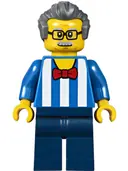 Minifigurka: TWN292:  Carousel Ticket Vendor - Male, Blue Shirt with White Stripes and Red Bow Tie, Dark Blue Legs, Dark Bluish Gray Swept Back Hair, Moustache and Glasses