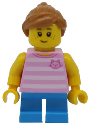 TWN293:  Child - Girl, Bright Pink Striped Shirt with Cat Head, Dark Azure Short Legs, Medium Nougat Ponytail, Freckles