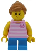 Minifigurka: TWN293:  Child - Girl, Bright Pink Striped Shirt with Cat Head, Dark Azure Short Legs, Medium Nougat Ponytail, Freckles